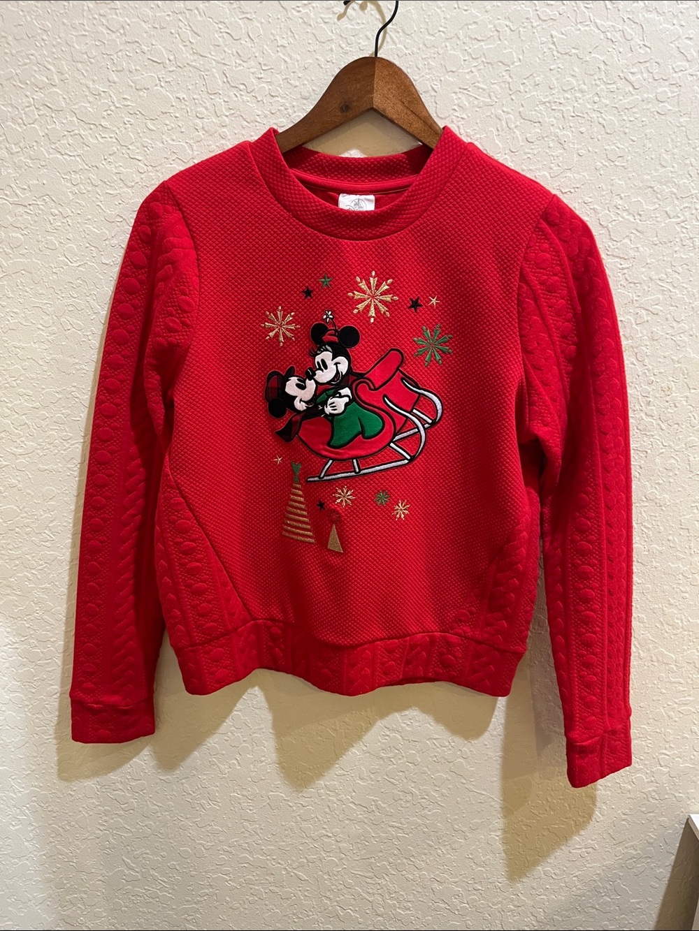 Disney Red Crewneck Sweater with Mickey & Minnie Holiday Graphic
